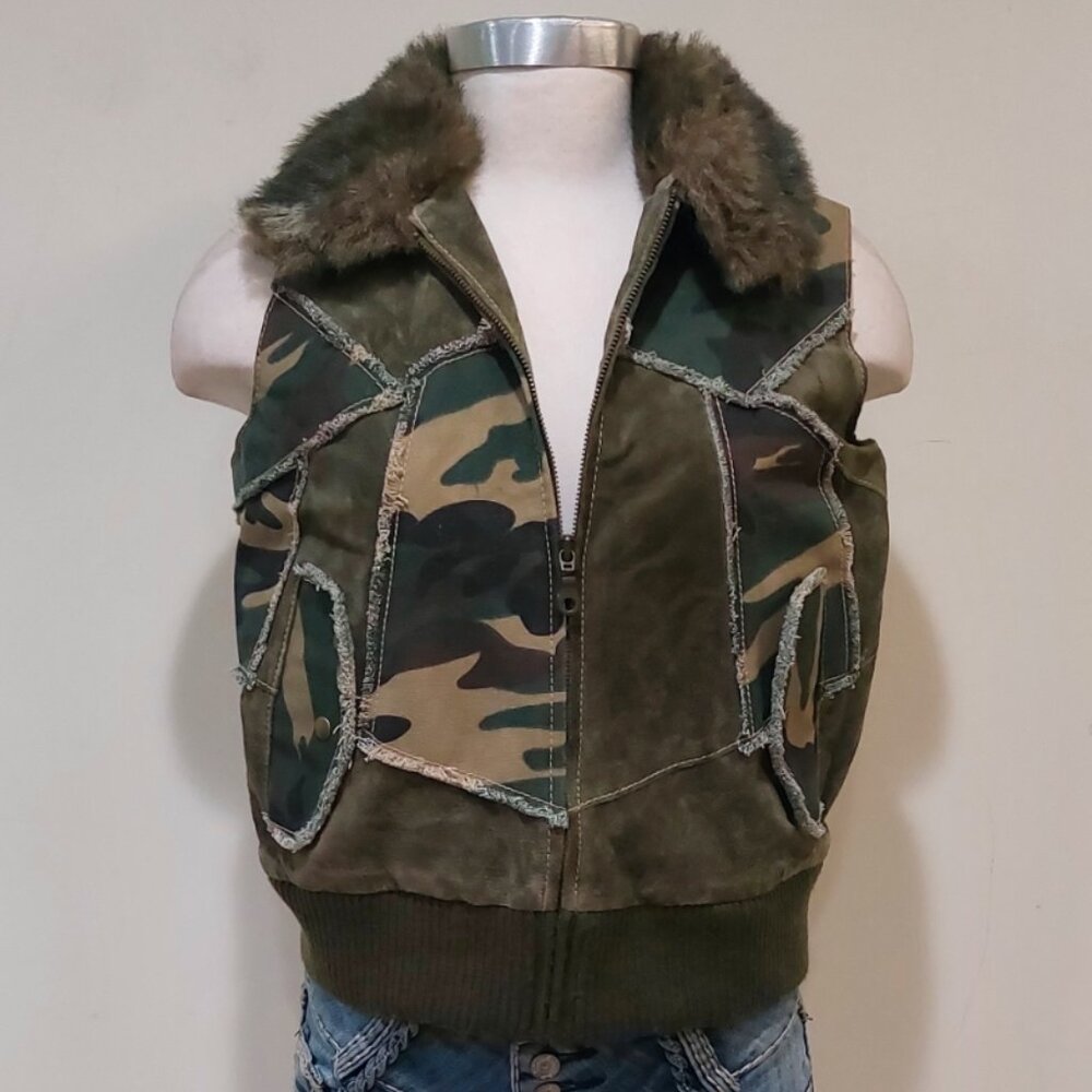💋BOHO CHIC💋 Stunning Y2K VTG Camo Distressed Genuine Leather Vest - Picture 7 of 16